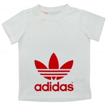 white adidas shirt with red logo